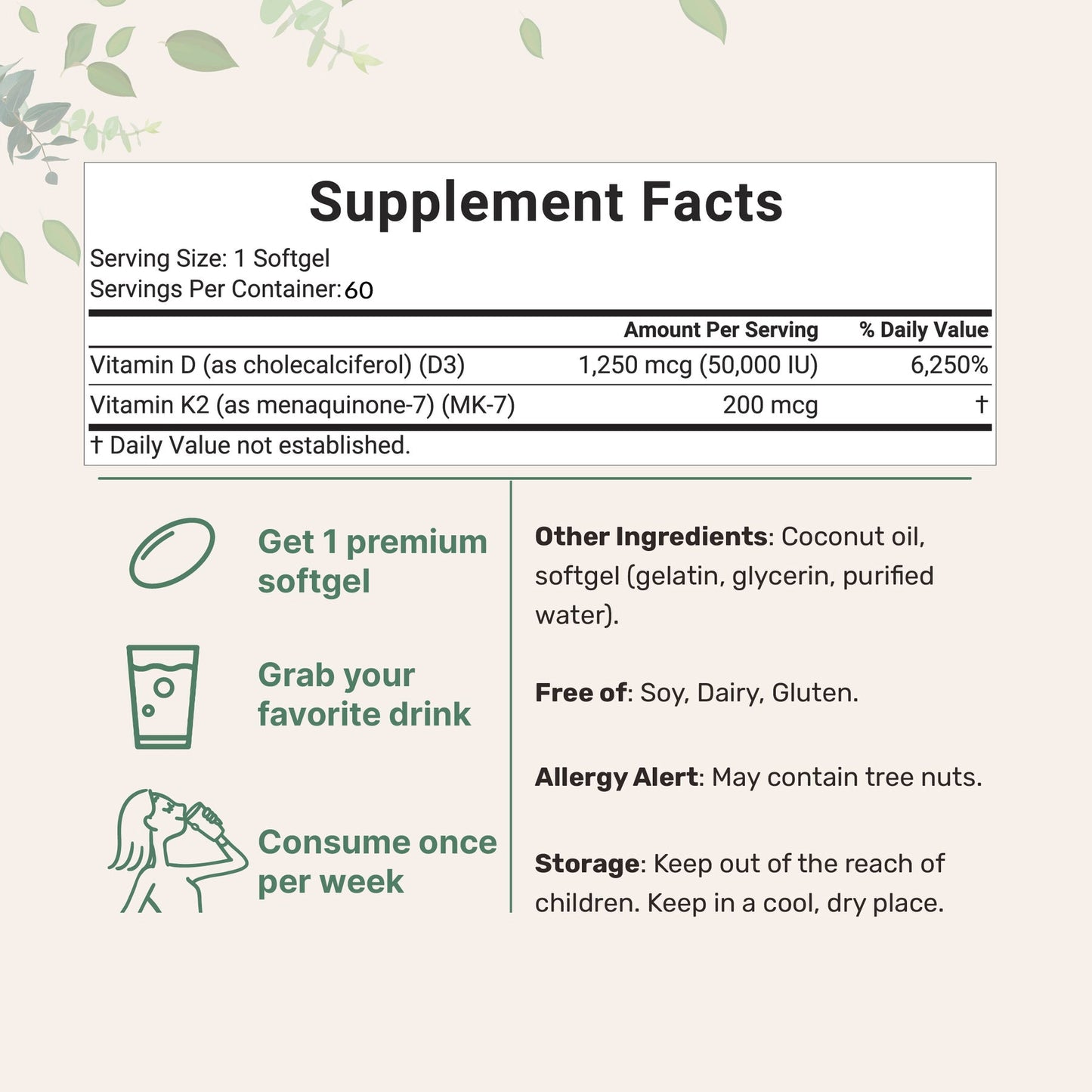 Vitamina D3 y K2 con Aceite de Coco